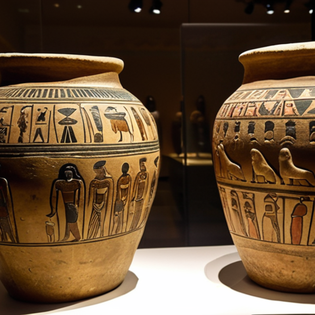 **Canopic jars at the Egyptian Museum in Stockholm:** A dimly lit exhibit featuring a collection of ancient canopic jars, focusing on the intricate details of the jars and conveying a sense of historical mystery. Consider using a low-angle shot to emphasize the size and importance of the artifacts.