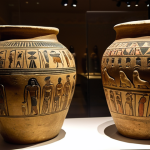 **Canopic jars at the Egyptian Museum in Stockholm:** A dimly lit exhibit featuring a collection of ancient canopic jars, focusing on the intricate details of the jars and conveying a sense of historical mystery. Consider using a low-angle shot to emphasize the size and importance of the artifacts.