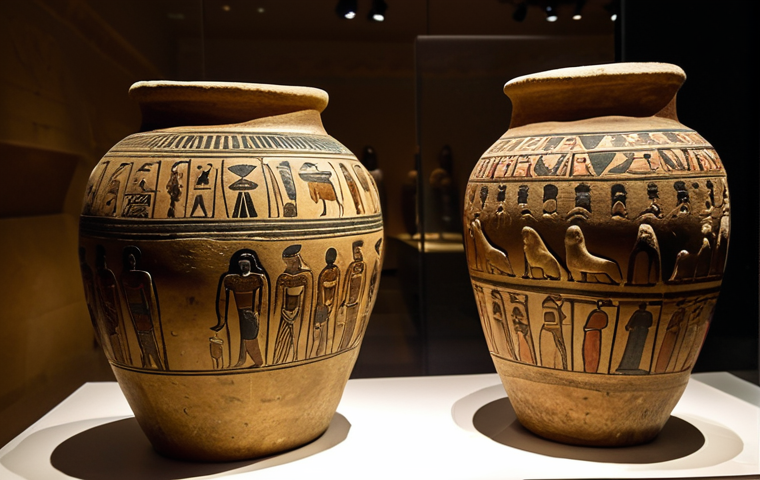 **Canopic jars at the Egyptian Museum in Stockholm:** A dimly lit exhibit featuring a collection of ancient canopic jars, focusing on the intricate details of the jars and conveying a sense of historical mystery. Consider using a low-angle shot to emphasize the size and importance of the artifacts.