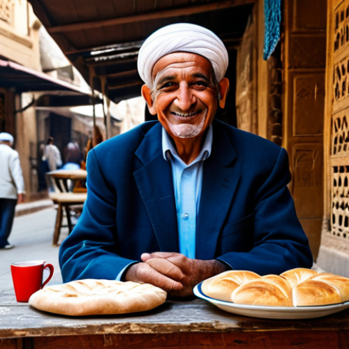 A warm, older Egyptian man with kind eyes and a respectfully dressed traveler sit at a small, rustic wooden table outside a traditional Egyptian bakery in a bustling street. The man wears modest traditional attire, and the traveler is in appropriate casual but professional dress. The man gently offers a piece of fresh, warm *aish baladi* (Egyptian bread) to the smiling traveler. A small, steaming cup of traditional coffee or tea is on the table. Professional photography, realistic, cinematic lighting, vibrant colors. Perfect anatomy, correct proportions, natural pose, well-formed hands, proper finger count, natural body proportions. Safe for work, appropriate content, fully clothed, modest clothing, family-friendly.