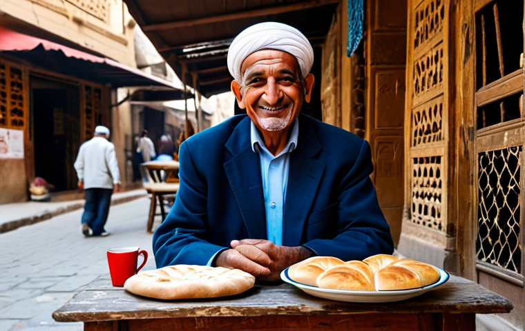 A warm, older Egyptian man with kind eyes and a respectfully dressed traveler sit at a small, rustic wooden table outside a traditional Egyptian bakery in a bustling street. The man wears modest traditional attire, and the traveler is in appropriate casual but professional dress. The man gently offers a piece of fresh, warm *aish baladi* (Egyptian bread) to the smiling traveler. A small, steaming cup of traditional coffee or tea is on the table. Professional photography, realistic, cinematic lighting, vibrant colors. Perfect anatomy, correct proportions, natural pose, well-formed hands, proper finger count, natural body proportions. Safe for work, appropriate content, fully clothed, modest clothing, family-friendly.